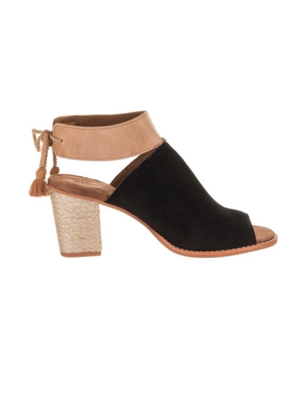 NEW Toms Black Tan Peep-Toe Block Heel Ankle Tie SUEDE GLADIATOR sz 9.5 Sandals